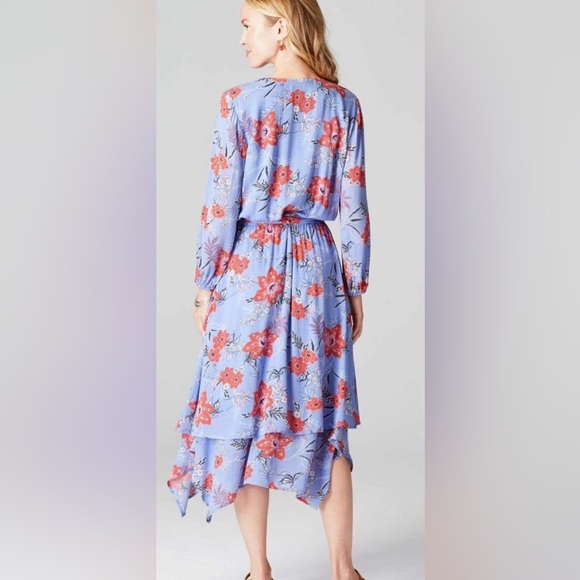 J Jill Sz S  Tropical Floral Blue Dipped Hem V Neck Belted Dress W/pockets - Picture 2 of 11